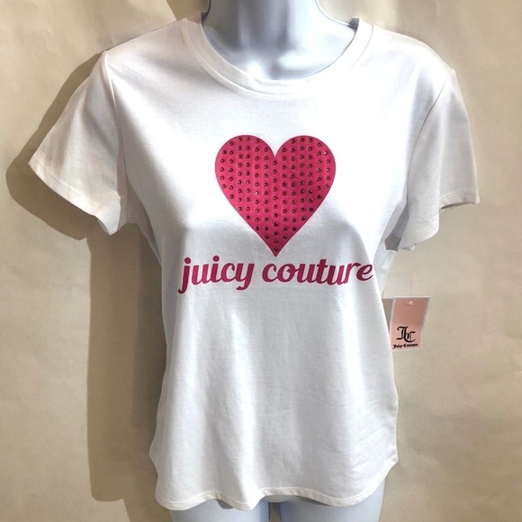 Juicy Couture | Tops | Juicy Couture White Pink Rhinestone Heart Tshirt ...